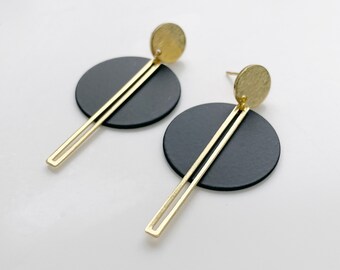 Art Deco Round Earrings, Black and Gold Lightweight Statement Studs