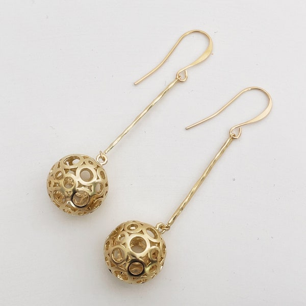 Long gold ball earrings (70mm) | elaborate golden filigree ball with hammered connector