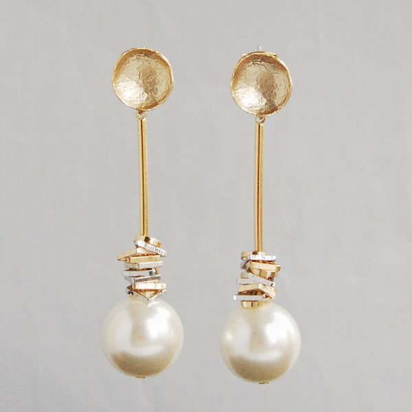 Modern pearl drop earrings with Swarovski | elegant bridal pearl stud earrings | long pearl earrings | elegant Mother’s Day gift earrings