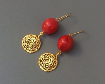 Coral red and turkish gold dangle earrings | summer earrings