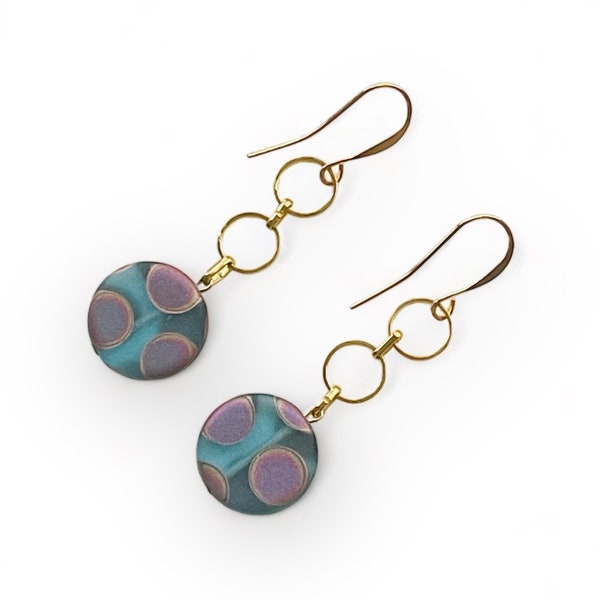 Peacock patterned glass and gold link chain earrings | dotty teal purple gold handmade glass bead