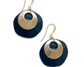 Round contrasting black and gold abstract earrings | bold matt brass and black art deco