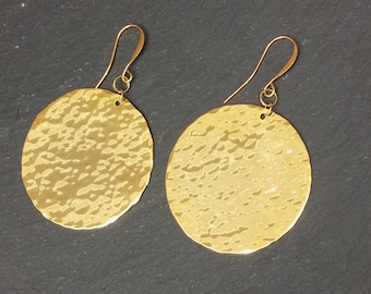 Gold circle hammered earrings | round yellow gold coin shaped boho dangle statement earrings