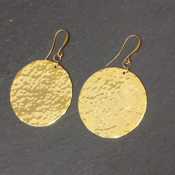 Gold circle hammered earrings | round yellow gold coin shaped boho dangle statement earrings