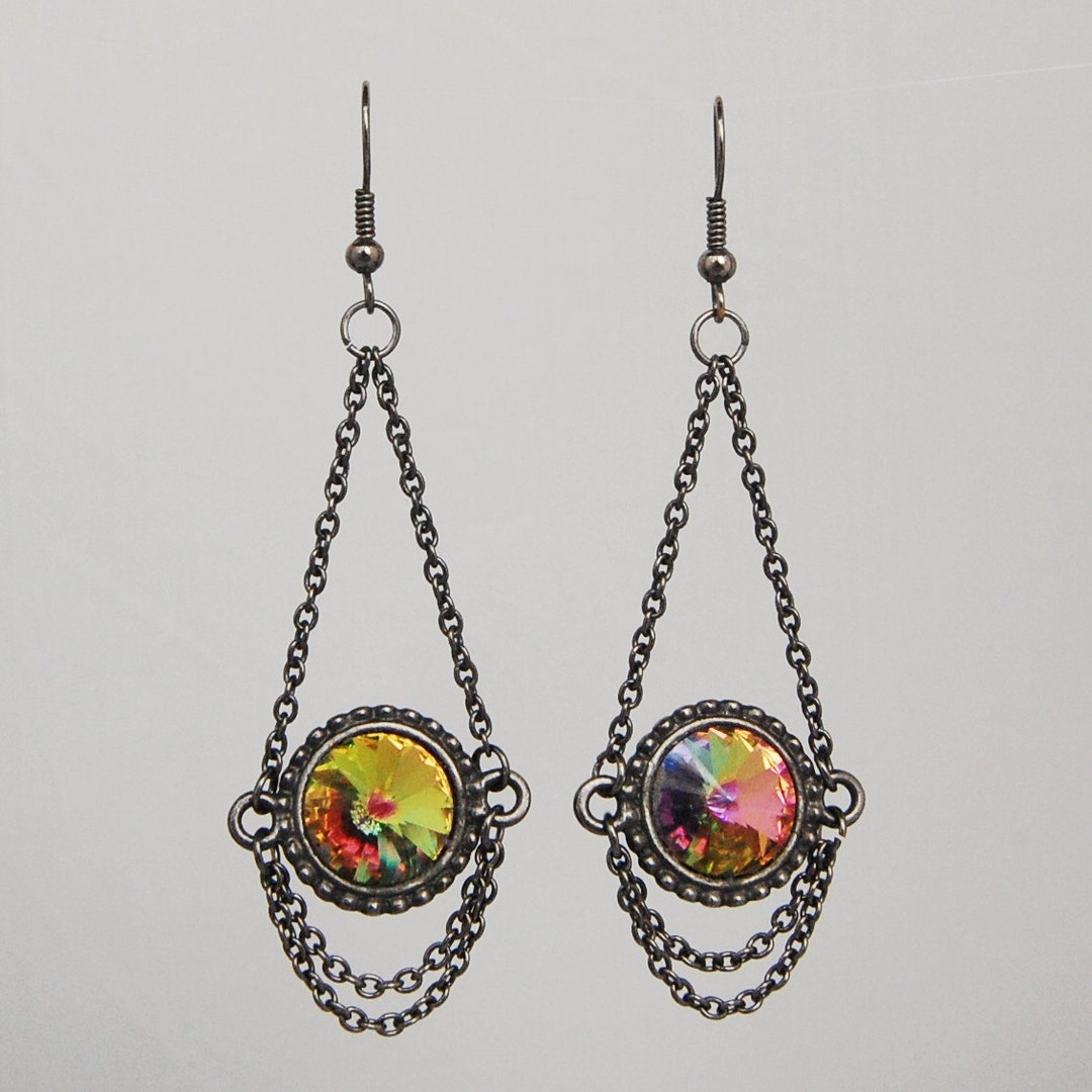 Long Vintage Style Chandelier Earrings Gunmetal Black Chain Etsy