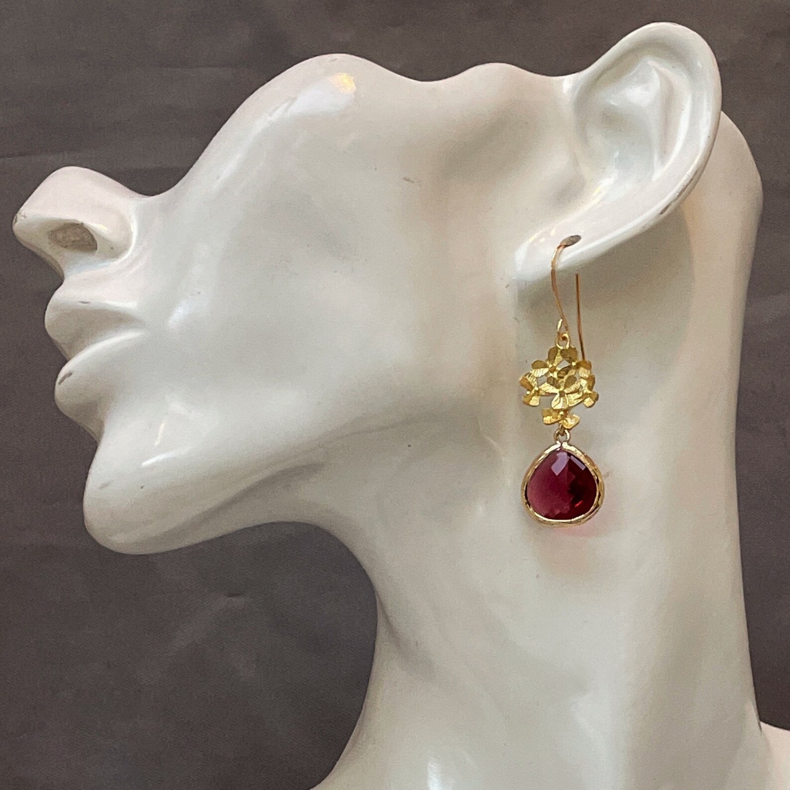 Ruby Red Dangle Earrings With Gold Flowers, July Birthstone - Etsy UK