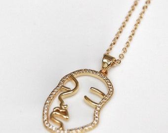 Abstract face necklace with diamanté | gold face necklace pendant with gold chain | party jewellery |