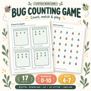 Juego imprimible para contar insectos, actividades matemáticas con frascos de insectos, números del 0 al 10, PDF para preescolar, tamaños A4 y carta estadounidense.