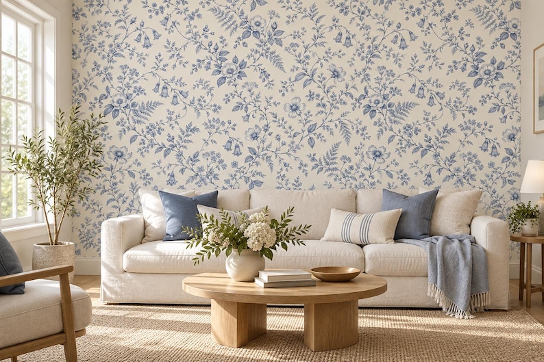 Blue Floral Botanical Wallpaper Pattern - Etsy