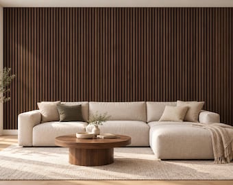 May include: A wall covered in vertical dark brown wooden slats behind a beige sectional sofa. The sofa features several throw pillows, a round wooden coffee table with a small vase, and a beige rug. A light-colored throw blanket is draped over the chaise.