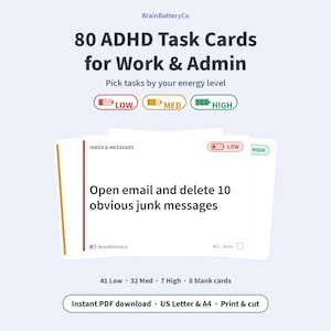 ADHD Work & Admin Task Cards for Adults, Printable To-Do Cards, Executive Function Tool, Energy Level Deck, PDF US Letter A4