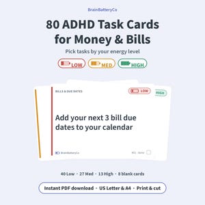 Aufgabenkarten für Erwachsene mit ADHS zum Thema Geld und Rechnungen, druckbare Budget-To-Do-Karten, Kartenset zur Geldorganisation, Hilfsmittel für exekutive Funktionen, PDF US Letter A4