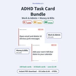 Paquete de tarjetas de tareas para el TDAH para adultos, trabajo y administración + mazos de tareas imprimibles para dinero y facturas, 160 tarjetas de niveles de energía, PDF de función ejecutiva