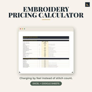 Puede incluir: Una hoja de cálculo de calculadora de precios de bordado mostrada en una pantalla, con columnas para detalles de pedidos, información de prendas y desgloses de costos. La interfaz incluye campos para el conteo de puntadas, cambios de hilo y márgenes de beneficio, con el texto "Charging by feel instead of stitch count" y "EXCEL + GOOGLE SHEETS" debajo.