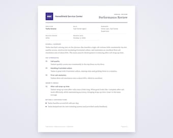 May include: A white document titled Performance Review for HomeShield Service Center, dated 3 October 2026. It details the evaluation of Tasha Greene, a Call Center Agent, covering call quality, handling frustrated callers, and first-call resolution.