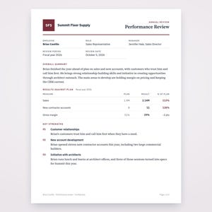 May include: A white document titled Annual Review Performance Review for Summit Floor Supply. It details the fiscal year 2026 evaluation for Brian Castillo, a Sales Representative, including an overall summary, results against plan, and key strengths.