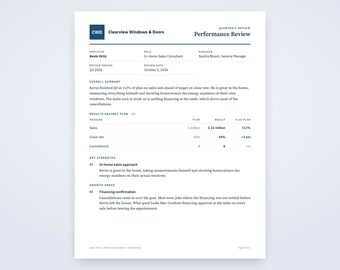 Commission Sales Rep Evaluation Template, Results Against Plan Written From Your Notes, Printable PDF