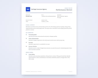 May include: A white document titled Heritage Insurance Agency Performance Review for employee Michelle Ortiz. The text includes sections for overall summary, key strengths such as processing speed and client responsiveness, and growth areas.
