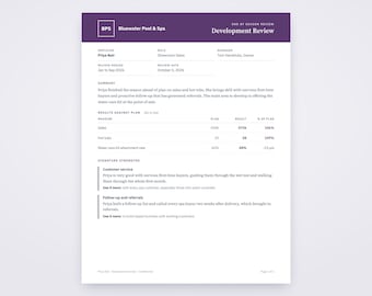 Sales Employee Evaluation Template, Results Against Plan Written From Your Notes, Printable PDF