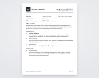 IT Support Evaluation Template, Written From Your Voice Notes, Printable Performance Review PDF