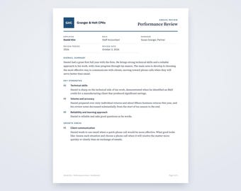 May include: A white document titled Performance Review for Granger & Holt CPAs, dated 3 October 2026. It details an annual review for employee Daniel Kim, including an overall summary, key strengths in technical skills, and growth areas.
