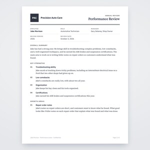 Auto Shop Employee Evaluation Template, Written From Your Voice Notes, Printable Performance Review PDF
