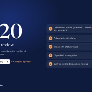 Price card showing $20 per review with the quantity set to the number of employees, drafted with AI from your notes, colleague input included, an instant link and a digital PDF.