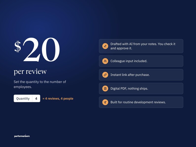 Price card showing $20 per review with the quantity set to the number of employees, drafted with AI from your notes, colleague input included, an instant link and a digital PDF.