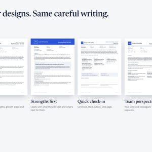 The four review designs side by side: Classic, Strengths first, Quick check-in on one page, and Team perspective with colleague input.