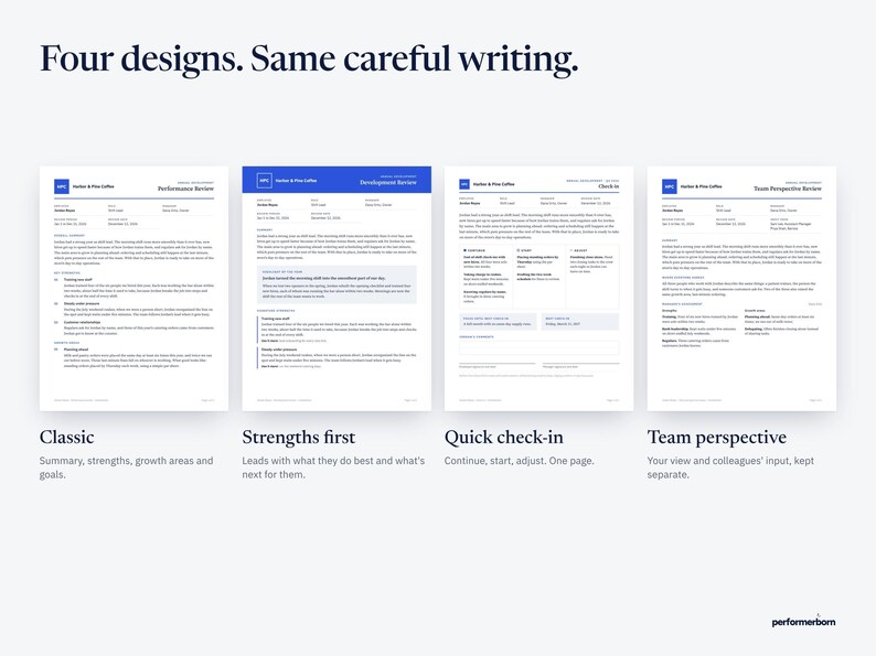 The four review designs side by side: Classic, Strengths first, Quick check-in on one page, and Team perspective with colleague input.