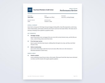 Loan Officer Performance Review Form, Written From Your Voice Notes, Printable Template PDF