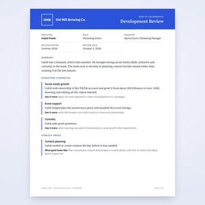 May include: A white document titled End of Internship Development Review for Old Mill Brewing Co. featuring employee Caleb Foster, role Marketing Intern, and manager Rachel Dunn. The text includes sections for summary, signature strengths, and stretch areas.