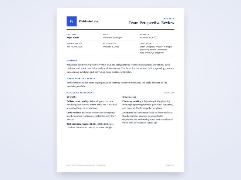 First page of a printed mid-year review in the Team perspective design for a software developer.