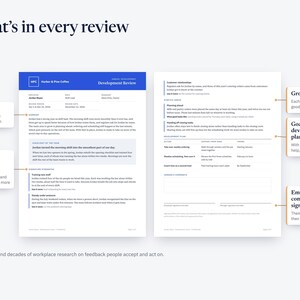 Two pages of a finished review, labeled: summary, strengths with real examples, growth areas, goals and a development plan, employee comments and signatures.