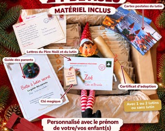 Peut inclure: Un kit de lutin farceur avec 24 bêtises, incluant une figurine de lutin en tenue rayée rouge et blanche, une clé magique, des lettres, des cartes postales, un certificat d'adoption et un guide. Le coffret porte le texte Kit lutin farceur 24 BÊTISES.