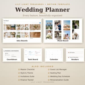 Può includere: Un modello Notion per l'organizzazione di matrimoni intitolato Lily Light Treasures. Il layout mostra sezioni per bacheche di idee, moodboard, conto alla rovescia, elenco attività, calendario e fornitori, oltre a un elenco di funzioni.