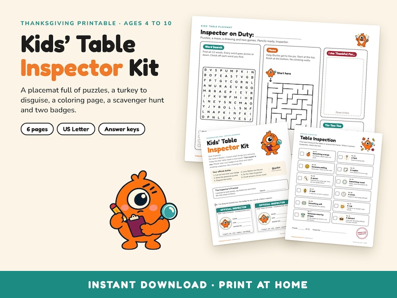Thanksgiving Kids Activity Pack Printable, Kids Table Placemat, Word Search, Maze, Disguise a Turkey, Coloring Page, Scavenger Hunt image 1