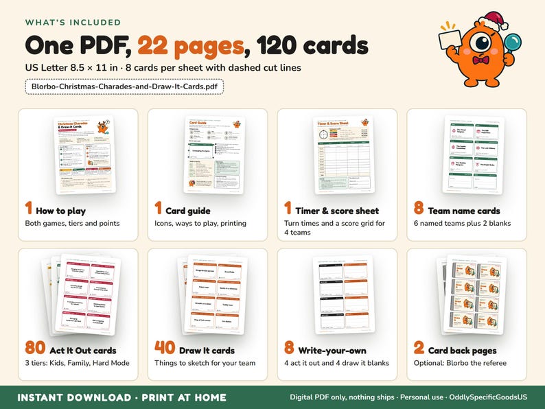 Gioco di mimo natalizio stampabile, 120 carte da mimare e disegnare, modalità difficile per bambini e famiglie, gioco per feste natalizie, download immediato in PDF immagine 2