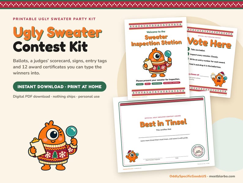 Ugly Sweater Contest Kit Printable, Voting Ballots, Fillable Award Certificates, Judges Scorecard, Office Christmas Party Game, Instant PDF imagem 1