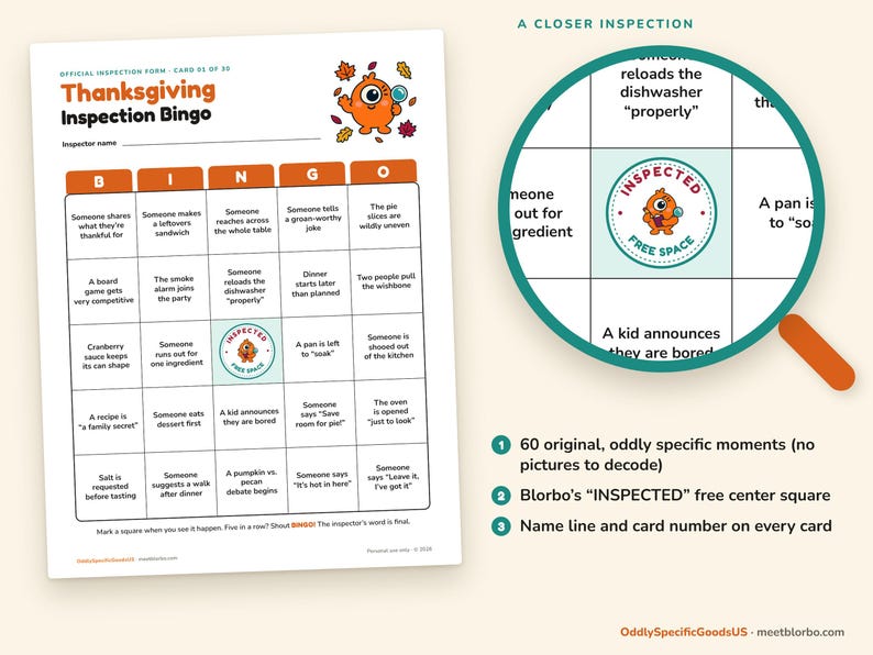 Bingo del Ringraziamento stampabile, 30 cartelle uniche, divertente gioco per la cena in famiglia, bingo "trova il momento giusto" per bambini e adulti, download immediato in PDF. immagine 3
