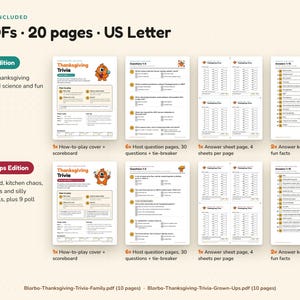 May include: A digital Thanksgiving trivia game set including 2 PDFs and 20 pages in US Letter size. The set features a Family Edition and a Grown-Ups Edition, each containing a how-to-play cover, host question pages, answer sheets, and answer keys.