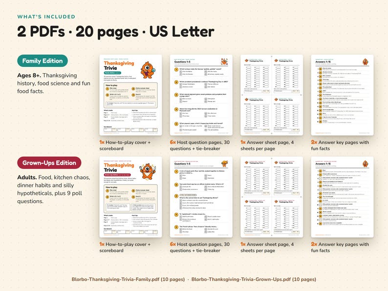 May include: A digital Thanksgiving trivia game set including 2 PDFs and 20 pages in US Letter size. The set features a Family Edition and a Grown-Ups Edition, each containing a how-to-play cover, host question pages, answer sheets, and answer keys.