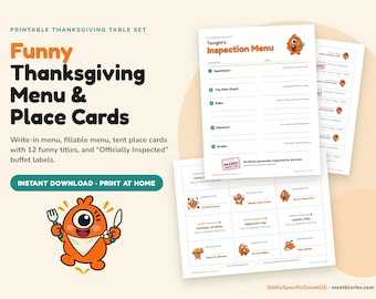Menu e segnaposto stampabili per il Giorno del Ringraziamento, divertenti segnaposto a forma di tenda, menu compilabile, etichette per buffet, decorazioni per la tavola per la cena.