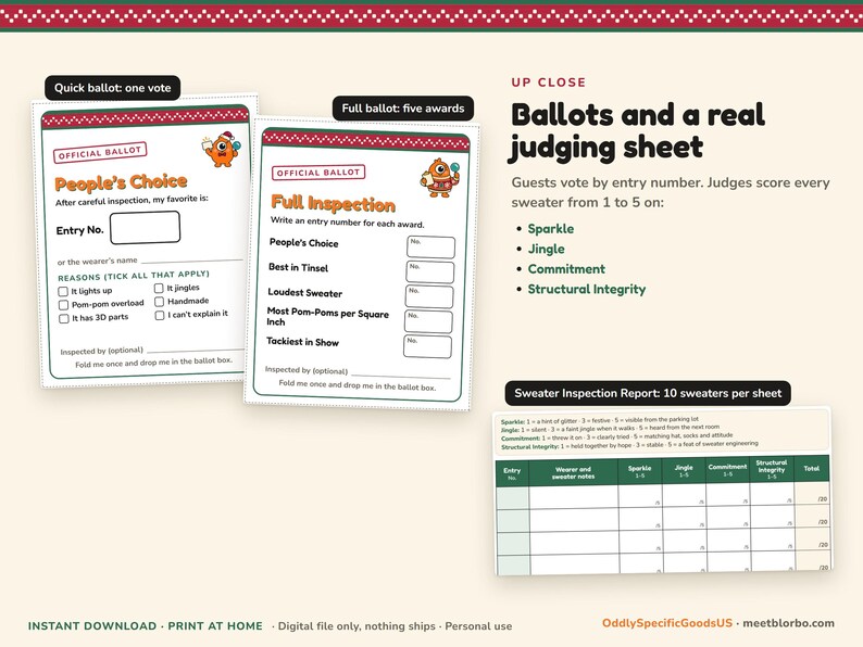 Ugly Sweater Contest Kit Printable, Voting Ballots, Fillable Award Certificates, Judges Scorecard, Office Christmas Party Game, Instant PDF imagem 3