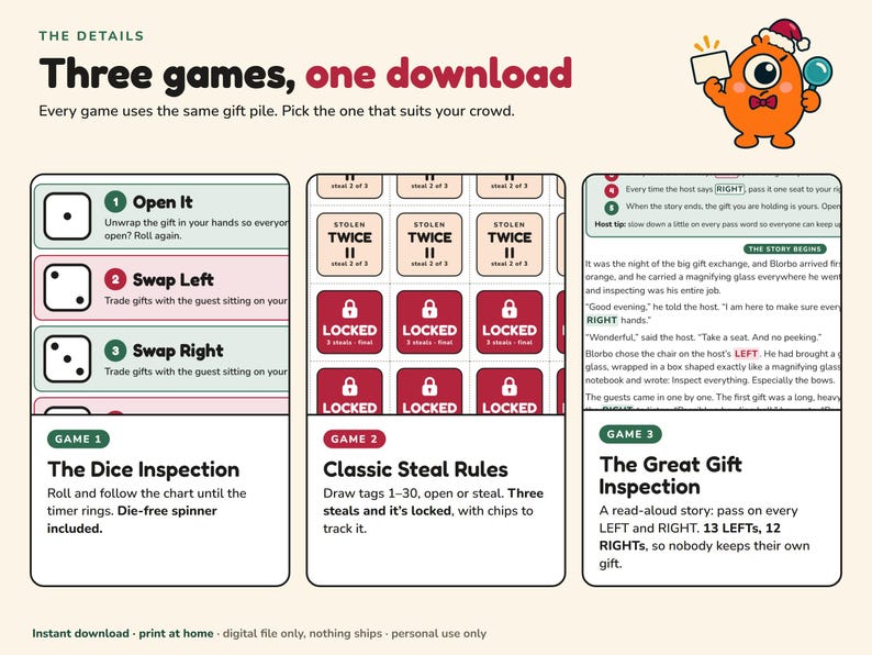 ホワイトエレファントゲーム（印刷可能）、ギフト交換ダイスゲーム、スティールルール、レフトライトストーリー、ヤンキースワップ、クリスマスオフィスパーティーゲーム（PDF） 画像 5