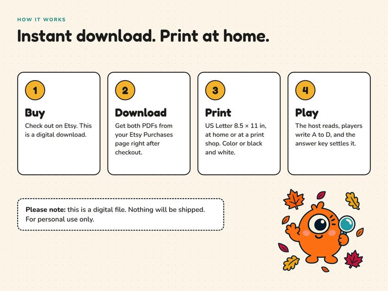 May include: An instructional graphic titled How It Works, Instant download. Print at home. It features four numbered steps: 1 Buy, 2 Download, 3 Print on US Letter 8.5 x 11 in, and 4 Play. Includes a note about digital files and an orange character.