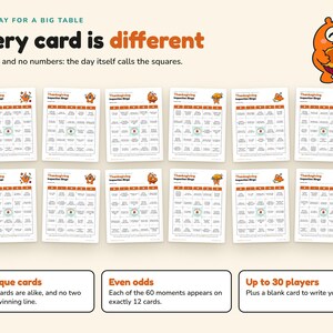Bingo del Ringraziamento stampabile, 30 cartelle uniche, divertente gioco per la cena in famiglia, bingo "trova il momento giusto" per bambini e adulti, download immediato in PDF. immagine 5
