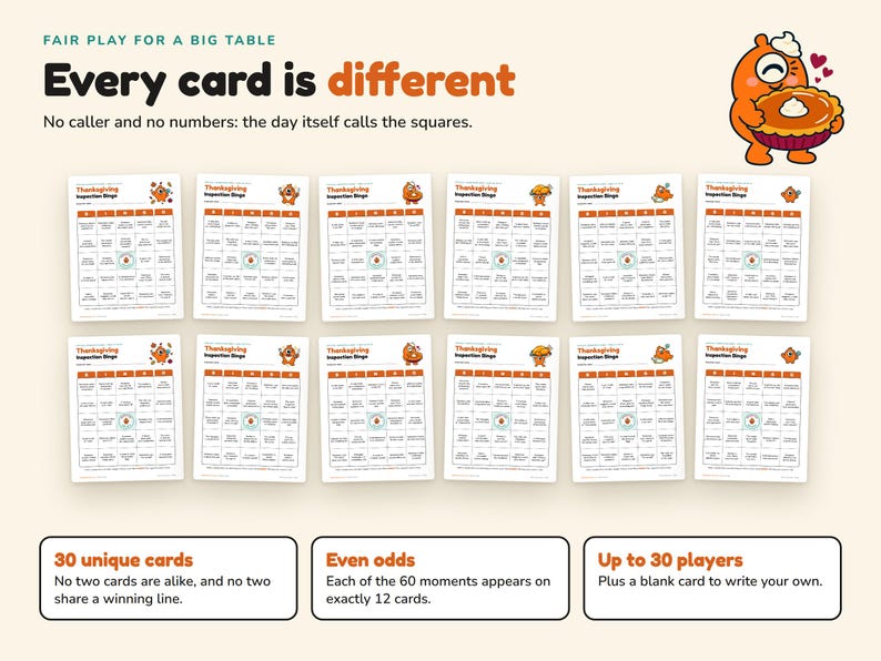 Bingo del Ringraziamento stampabile, 30 cartelle uniche, divertente gioco per la cena in famiglia, bingo "trova il momento giusto" per bambini e adulti, download immediato in PDF. immagine 5