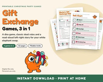 Printbaar White Elephant-spel, dobbelspel voor cadeautjesruil, regels voor stelen, verhaal van links en rechts, Yankee Swap, kerstfeestspel voor op kantoor (PDF).