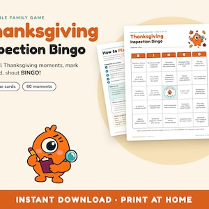 Bingo del Ringraziamento stampabile, 30 cartelle uniche, divertente gioco per la cena in famiglia, bingo "trova il momento giusto" per bambini e adulti, download immediato in PDF. immagine 1